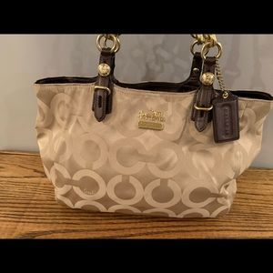 Coach tan purse purple silk interior